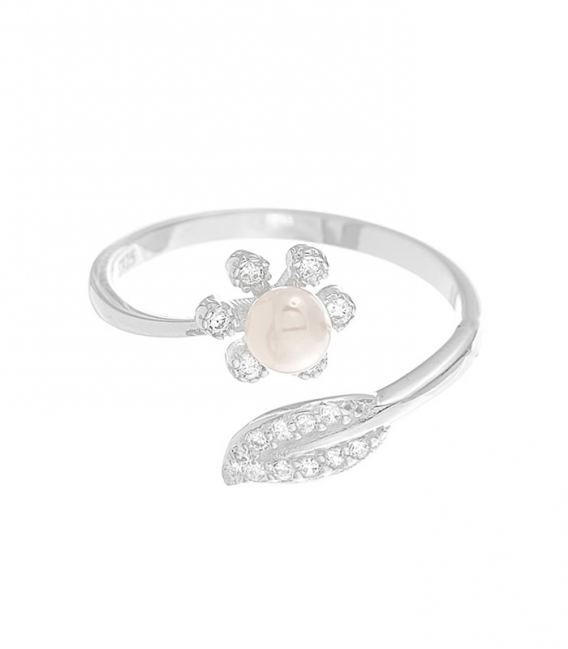 Anillo Plata Circonita Perla y Hoja 204