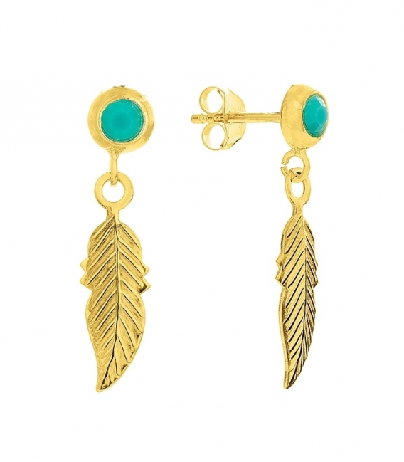 Boucles d'oreilles Argent Plume avec Turquoise Recouvert d'Or