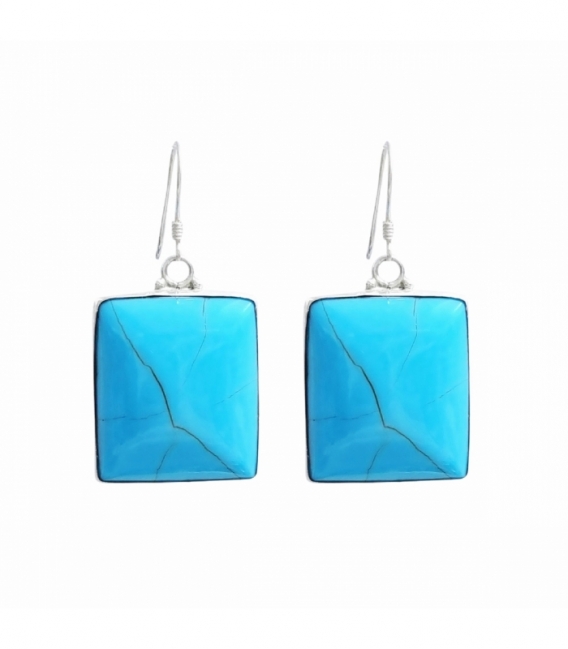 Boucle D'oreille Argent Carrée Turquoise 26mm. Prix Paire