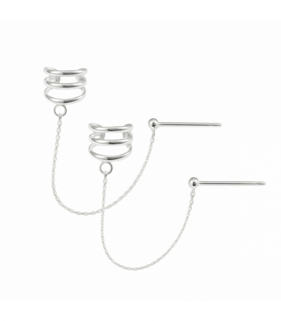 Cartilago Plata Tres Lineas con Cadena Precio Par