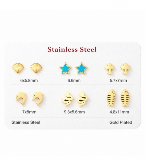 Pack 6 Boucles d’Oreilles Acier 316L Plaqué Or 18K