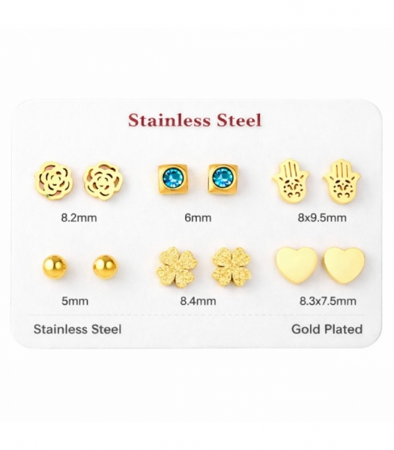 Pack 6 Boucles d’Oreilles Acier 316L Plaqué Or 18K