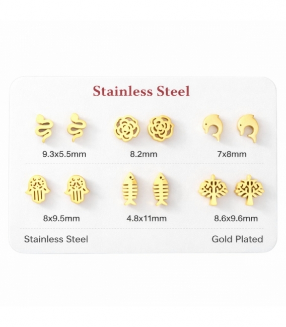 Pack 6 Boucles d’Oreilles Acier 316L Plaqué Or 18K