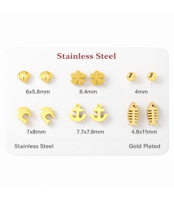 Pack 6 Boucles d’Oreilles Acier 316L Plaqué Or 18K