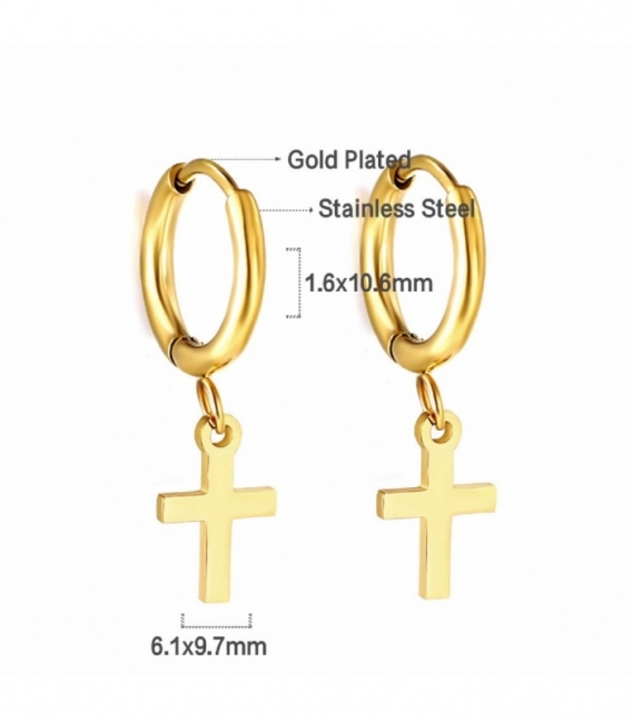 Pendiente Acero 316L Cruz Bañado en Oro 18K Precio Par