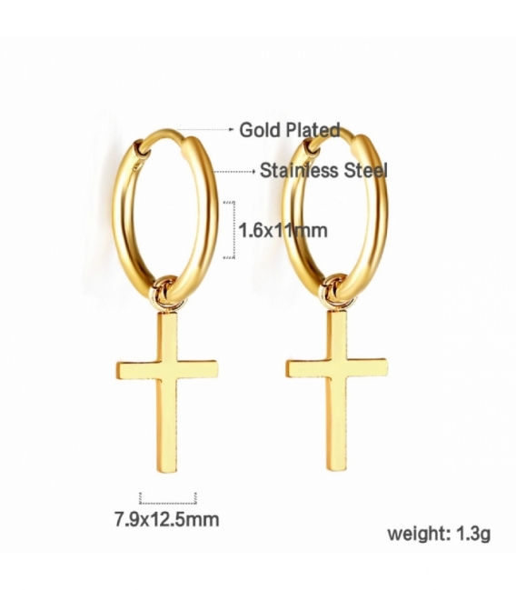 Boucles d’oreilles Acier 316L Croix Recouver d'Or 18K Prix Paire