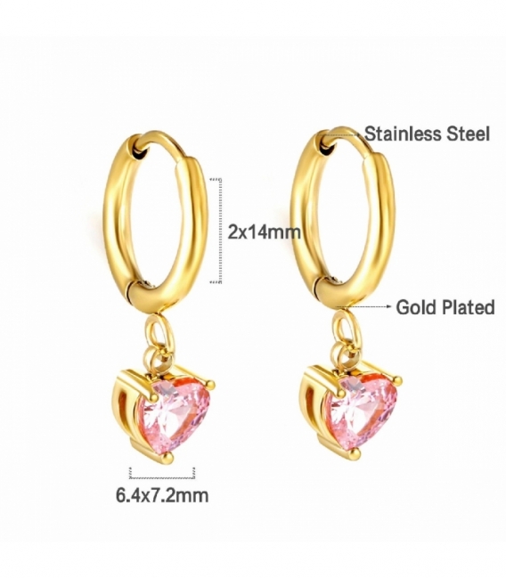 Boucles d’oreilles Acier 316L Cœur Zircone Recouver d'Or 18K Prix Paire