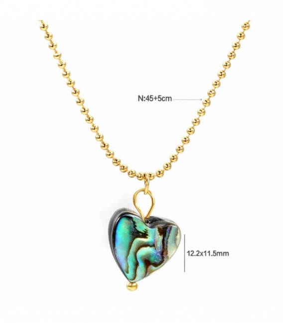 Collier Acier 316L Cœur en Abalone Recouvert d'Or 18K