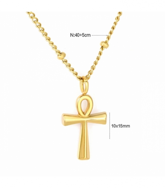 Gargantilla Acero 316L Cruz de la Vida Bañada en Oro 18K