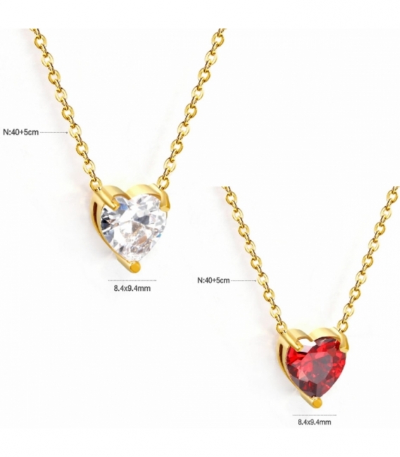 Collier Acier 316L Cœur en Zircone Recouvert d'Or 18K