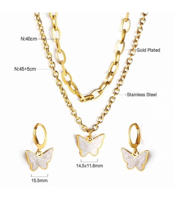 Conjunto Acero 316L Mariposa Bañado en Oro 18K