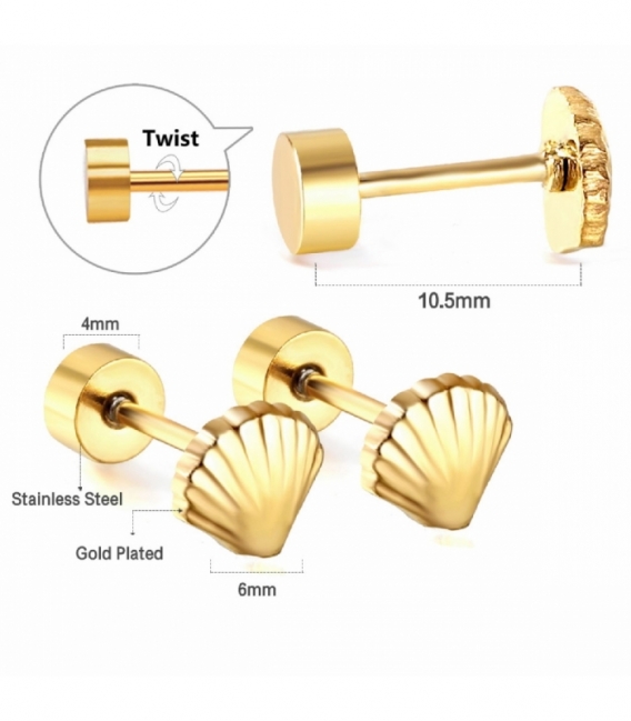 Boucles d’oreilles Acier 316L Coquillage Fermeture à vis Recouver d'Or 18K Prix Paire