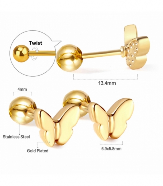 Pendiente Acero 316L Mariposa Cierre de Rosca Bañado en Oro 18K Precio Par