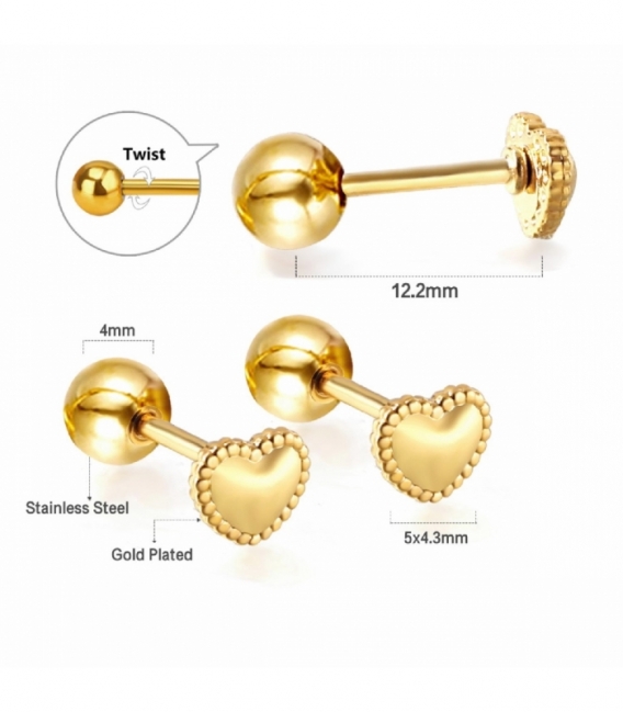 Boucles d’oreilles Acier 316L Cœur Fermeture à vis Recouver d'Or 18K Prix Paire
