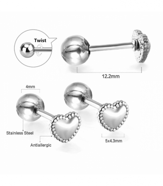 Boucles d’oreilles Acier 316L Cœur Fermeture à vis Prix Paire