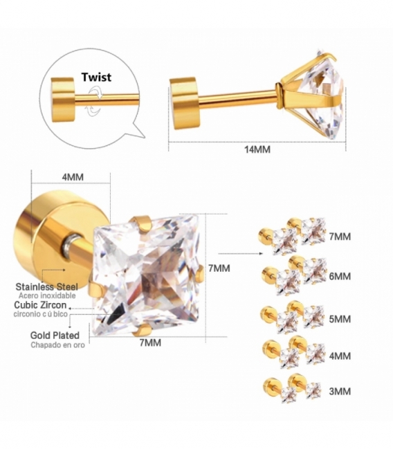 Pendiente Acero 316L Circonita Cuadrada Cierre de Rosca Bañado en Oro 18K Precio Par