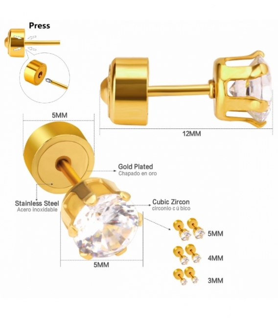 Pendiente Acero 316L Circonita Redonda Cierre Clik Bañado en Oro 18K Precio Par