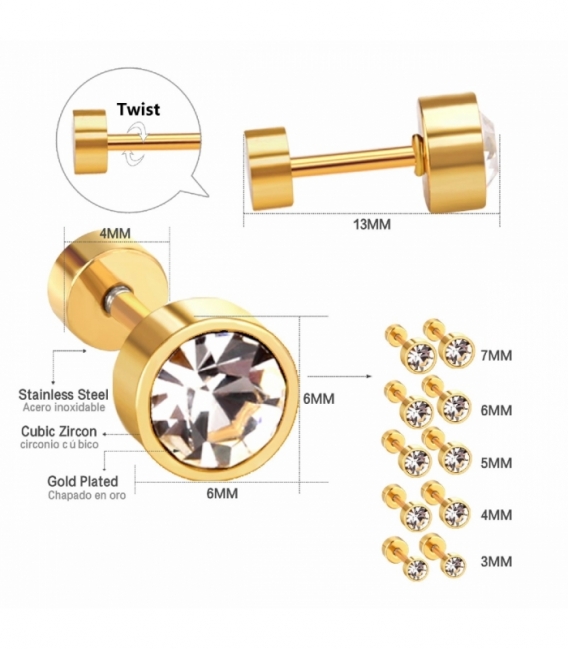 Boucles d’oreilles Acier 316L Zircone Rond Fermeture à vis Recouver d'Or 18K Prix Paire