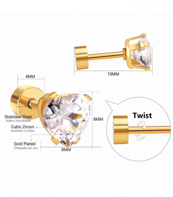 Boucles d’oreilles Acier 316L Cœur en Zircone Fermeture à vis Recouver d'Or 18K Prix Paire