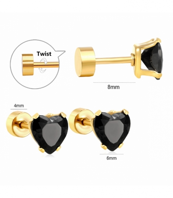 Pendiente Acero 316L Corazon Circonita Negra Cierre de Rosca Bañado en Oro 18K Precio Par