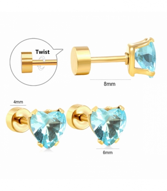 Pendiente Acero 316L Corazon Circonita Azul Cierre de Rosca Bañado en Oro 18K Precio Par