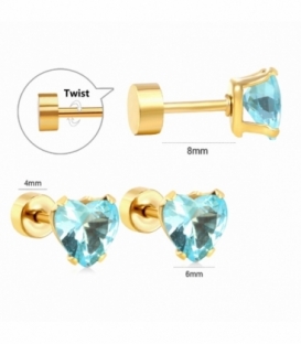 Pendiente Acero 316L Corazon Circonita Azul Cierre de Rosca Bañado en Oro 18K Precio Par