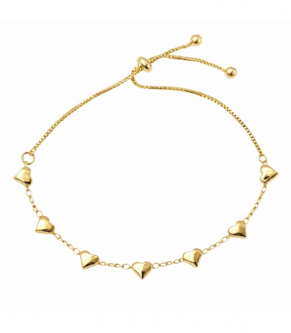 Pulsera Laton Corazones Ajustable Bañado en Oro 14K