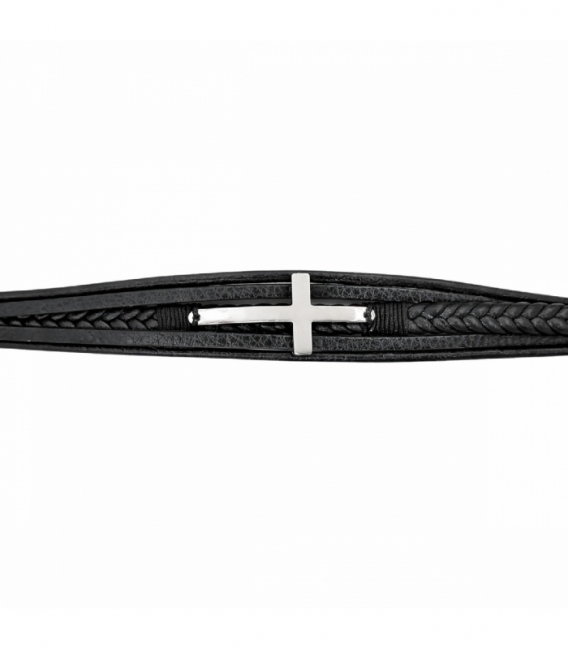 Bracelet Cuir Croix Acier 316L 21cm