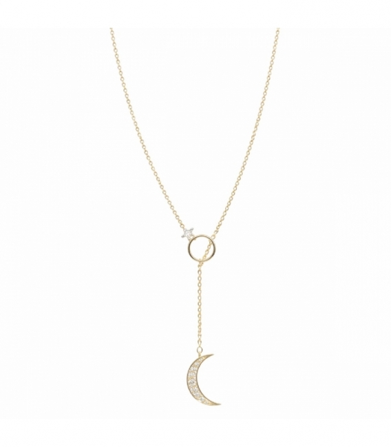 Collier Ras-Du-Cou Étoile et Lune en Laiton 40+5cm Plaqué Or 14K