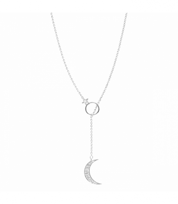 Collier Ras-Du-Cou Étoile et Lune en Laiton 40+5cm Plaqué Rhodium