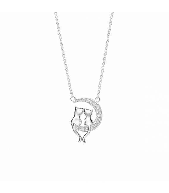 Collier Ras-Du-Cou Chats Lune en Laiton avec Zirconias 40+5cm Plaqué Rhodium