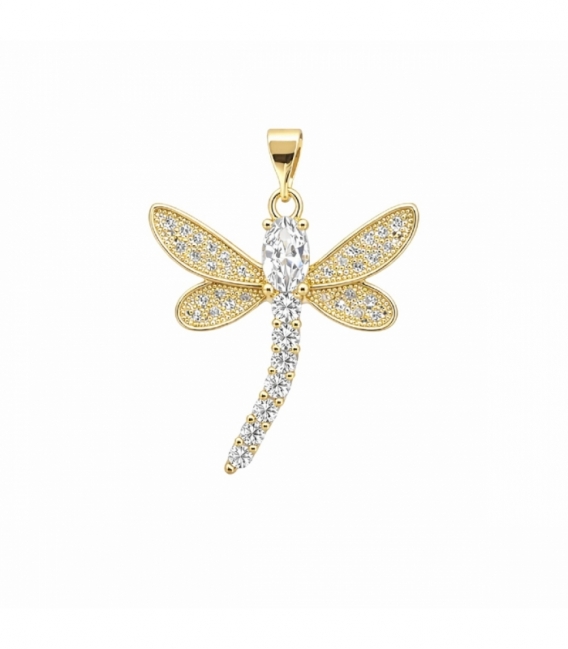 Colgante Latón Libélula con Circonitas 30mm Bañado en Oro 14K