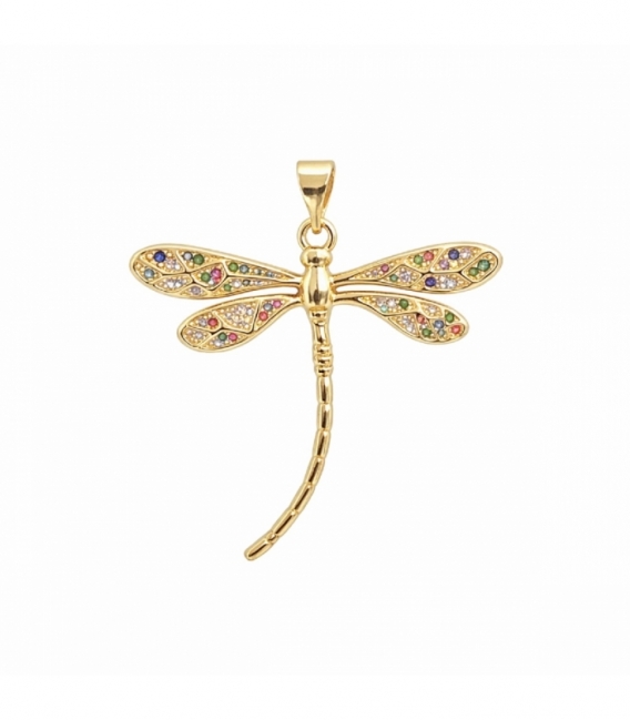 Colgante Latón Libélula con Circonitas 33mm Bañado en Oro 14K