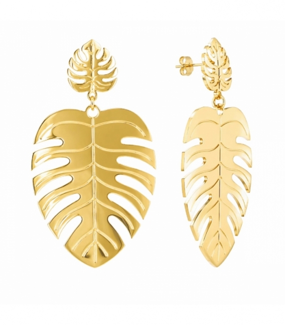 Pendiente Acero 316L Hoja de Palma 72mm Bañado en Oro 18K Precio por Par