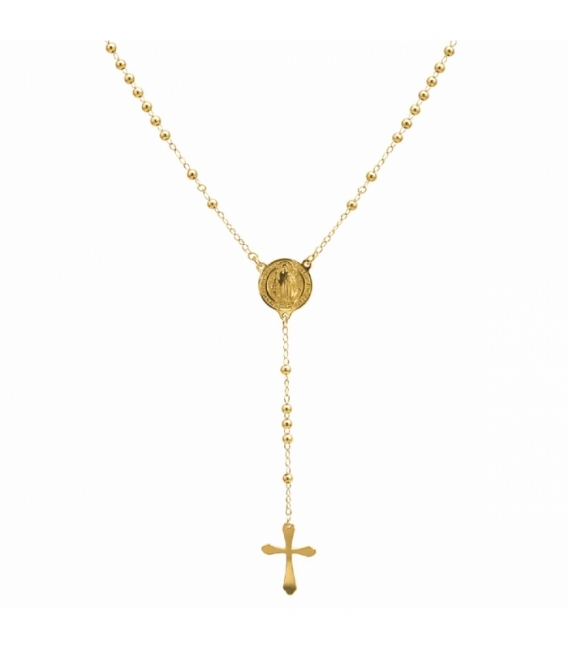 Collier en Acier 304 Rosaire Saint-Benoît 50cm Plaqué Or 18K